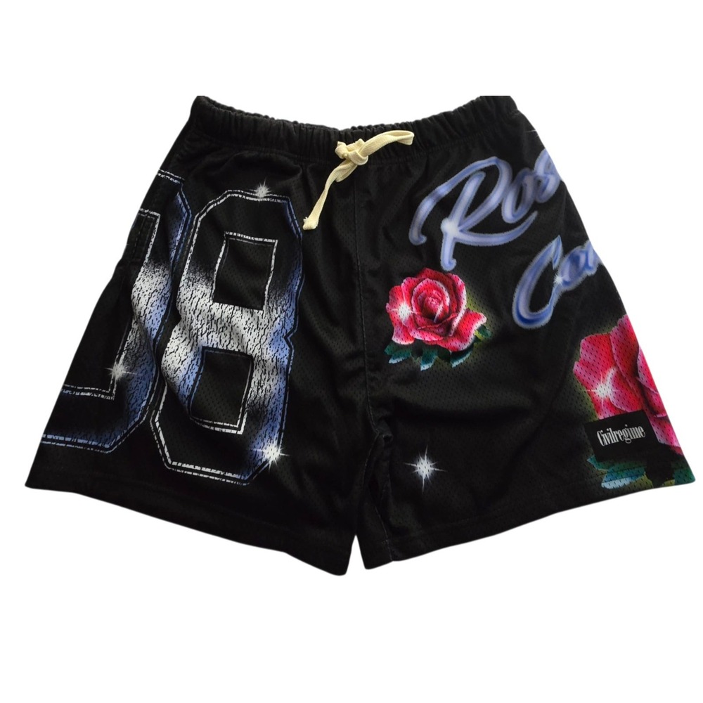 Civil Regime "08 Forever" Men Medium Black Rose Print Athletic Shorts